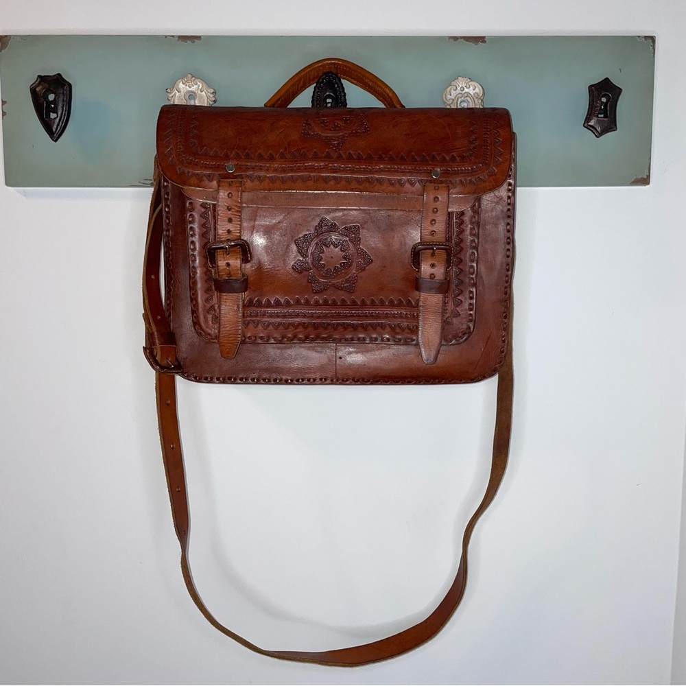 Hand Tooled Brown Leather Bag with Intricate Embossing